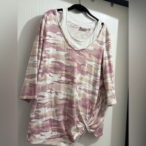 Belle by Kim Gravel mauve slub knit Camo Knot-Front V-Neck Top XL